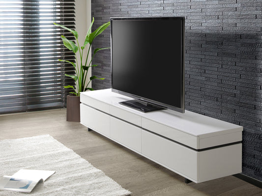 白いテレビボード ネオス。 ハイグロスシートの艶が美しい、すっきりとしたテレビボードです。スリットのガラスからリモコン操作可能。サイズは150cm巾、180cm巾、210cm巾から選べます。